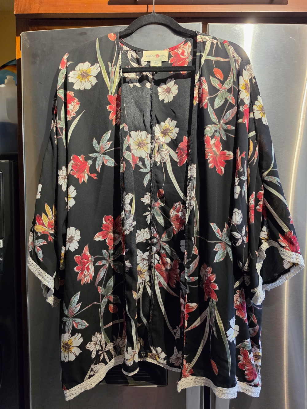 Wishful Park Black Floral Open Kimono with Lace Trim
